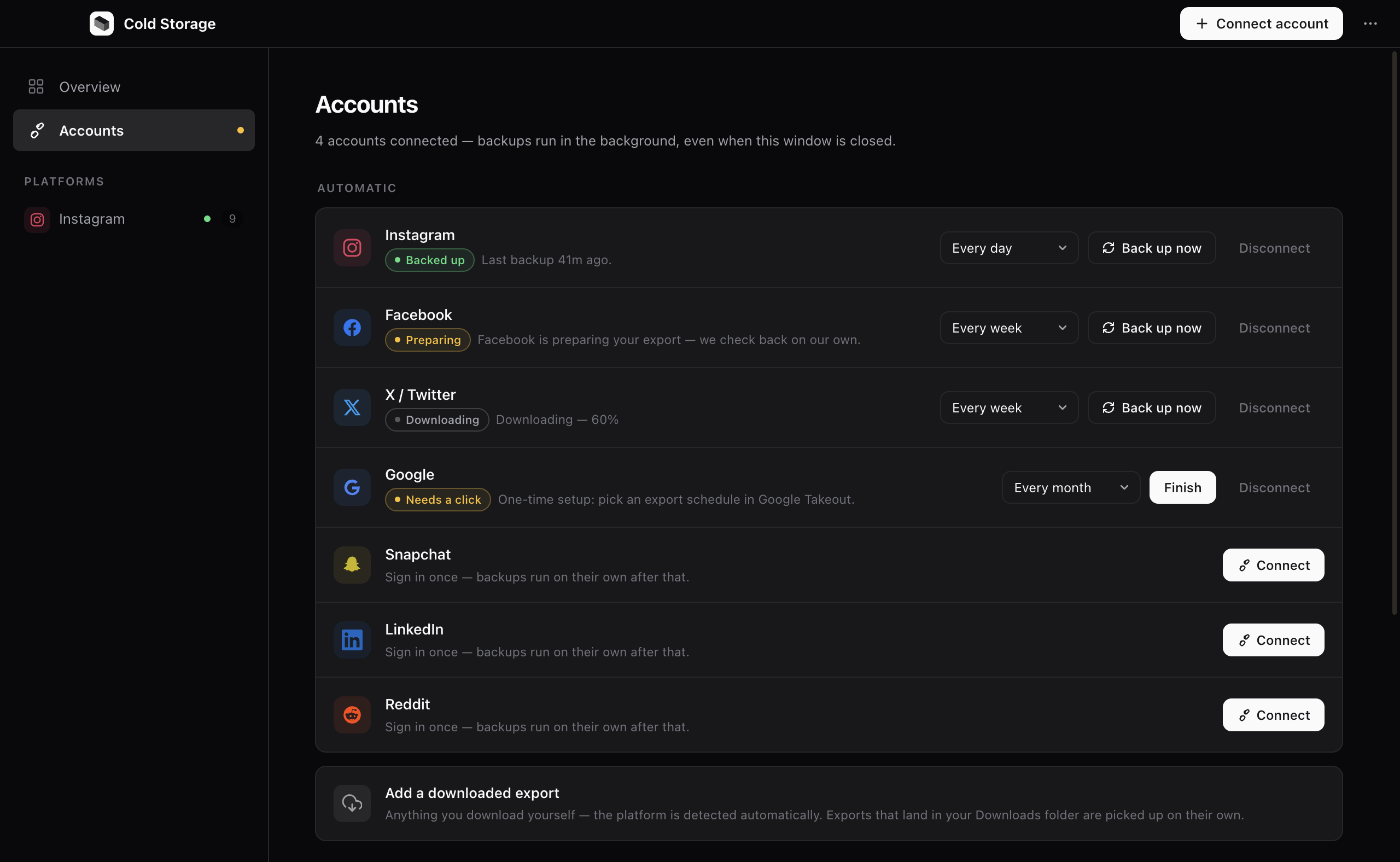 Cold Storage — accounts connected, each backing up on its own schedule